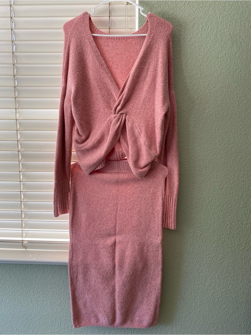 Express Dusty Pink Knit Midi Skirt Set with Twist Front Top
